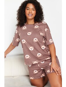 Trendyol Curve Brown Teddy Bear Printed Cotton Knitted Pajamas Set