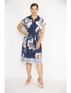 Şans Women's Navy Blue Plus Size Collar Front Pat Zippered Waist Belted Dress