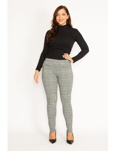Şans Women's Large Size Gray Plaid Pattern Ornamental Zipper Pocket Tights