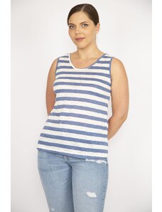 Şans Women's Indigo Large Size Crew Neck Sleeveless Striped Blouse