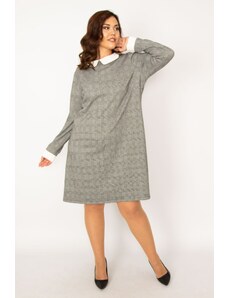 Şans Women's Plus Size Gray Baby Collar Checkered Dress