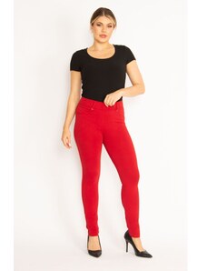 Şans Women's Large Size Red Leggings with Front Decoration and Back Pockets