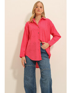 Trend Alaçatı Stili Women's Fuchsia Motif Oversize Linen Shirt