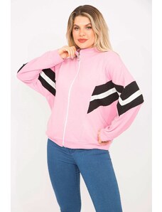 Şans Women's Plus Size Pink 2 Thread Fabric Front Zipper And Stripe Detailed Sweatshirt