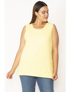 Şans Women's Plus Size Yellow Cotton Fabric Crew Neck Sleeveless Blouse