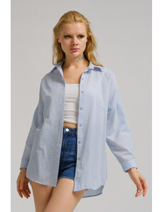 armonika Women's Light Blue Oversized Long Basic Shirt