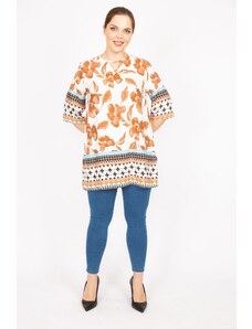 Şans Women's Tan Large Size Woven Viscose Fabric Water Patterned Tunic