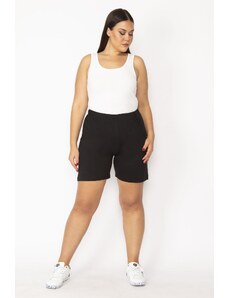 Şans Women's Plus Size Black Cotton Fabric Shorts with Elastic Waist