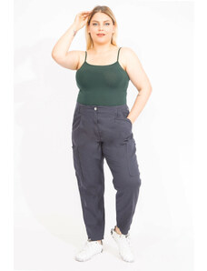 Şans Women's Plus Size Navy Blue Cargo Trousers with Pocket, Hidden Belt