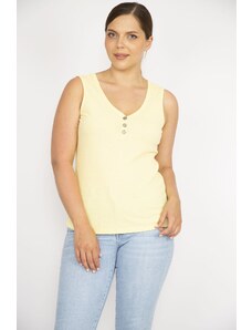 Şans Women's Yellow Plus Size V-Neck Front Ornamental Buttoned Camisole Fabric Tank Top