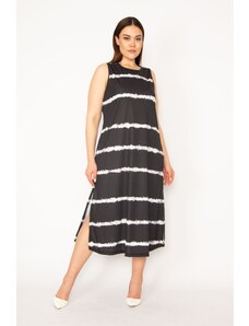 Şans Women's Plus Size Black Tie Dye Striped Long Dress With Side Slit