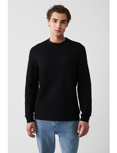 Avva Men's Black Crew Neck Cotton Jacquard Regular Fit Sweatshirt