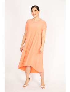 Şans Women's Salmon Plus Size Crew Neck Short Back-Sleeve Long Dress