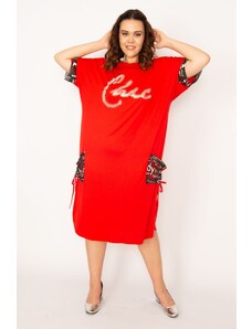 Şans Women's Plus Size Red Viscose Dress With Pocket And Sleeves Mesh Detail And Stone Print