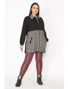 Şans Women's Plus Size Gray Checkered Detailed Coat with Zipper and Pocket