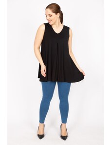 Şans Women's Black Plus Size Front A Pleated Blouse