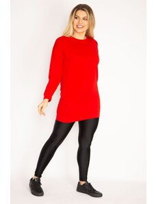 Şans Women's Plus Size Red Banded Sleeve And Hem Tunic