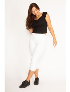 Şans Women's Large Size White 5 Pocket Jeans Capri With Dirty Stitching