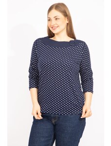 Şans Women's Navy Plus Size Cotton Fabric Points Pattern Collar Detailed Capri Sleeve Blouse