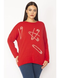 Şans Women's Large Size Red Stone Detailed Tunic