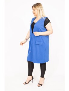 Şans Women's Saxe Blue Front Buttoned Ornamental Pocket Long Vest