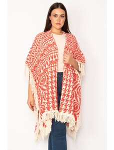 Şans Women's Plus Size Red Shawl Pattern Tassel And Silvery Detailed Thick Knitwear Poncho