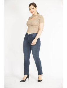 Şans Women's Plus Size Navy Blue Lycra Jeans with Front Decoration and Back Pockets