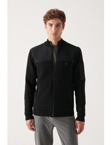 Avva Men's Black Wool Blended Parachute Fabric Detailed Zippered Standard Fit Regular Cut Cardigan Coat