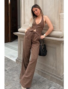 Madmext Brown Waist Gathered Wide Leg Fabric Trousers