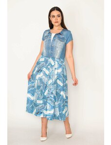 Şans Women's Plus Size Blue Print Detailed Crew Neck Short Sleeve Dress