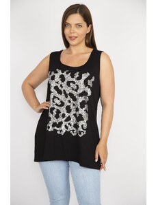 Şans Women's Large Size Black Sequin Embroidered Tank Top