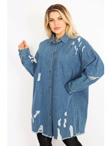 Şans Women's Plus Size Blue Ripped Detailed Loose Cut Oversized Denim Tunic Jacket