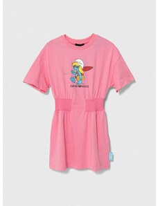 Dětské bavlněné šaty Emporio Armani x The Smurfs růžová barva, mini