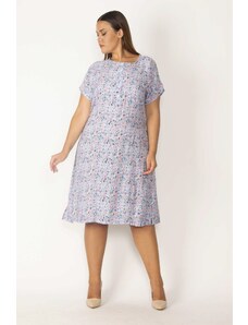 Şans Women's Plus Size Lilac Woven Viscose Fabric Dress with Buttoned Front Half Pat and Belted Waist