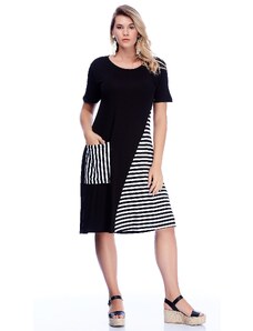 Şans Women's Plus Size Black Viscose Striped Detailed Dress