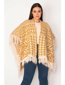Şans Women's Plus Size Saffron Shawl Pattern Thick Knitwear Poncho with Tassels And Shimmer Detail