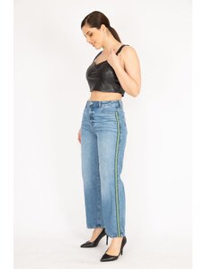 Şans Women's Blue Large Size Side Striped 5 Pocket Jeans