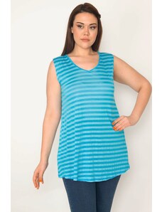Şans Women's Plus Size Turquoise Thin Flush Viscose Fabric Striped Blouse