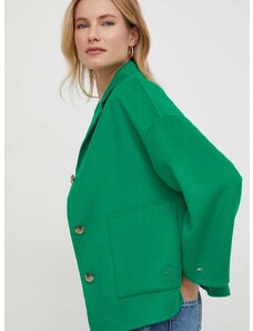 Vlněná bunda Tommy Hilfiger zelená barva, přechodná, oversize