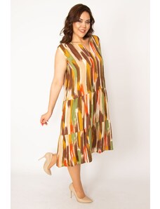 Şans Women's Plus Size Colorful Woven Viscose Fabric Brushed Patterned V-Neck Dress