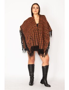 Şans Women's Plus Size Brown Shawl Pattern Thick Knitwear Poncho with Tassels And Shimmer Detail