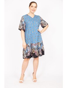 Şans Women's Blue Plus Size Weave Viscose Fabric Shawl Patterned Dress