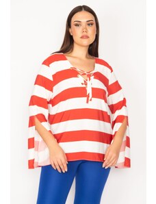 Şans Women's Plus Size Red Collar Striped Blouse with Eyelets and Lace-Up Detail with a Sleeve Slit