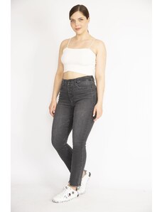 Şans Women's Anthracite Plus Size High Waist 5 Pockets Dirty Stitched Lycra Jeans