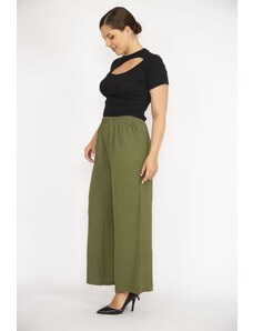 Şans Women's Khaki Plus Size Aerobin Fabric Elastic Waist Wide Leg Trousers