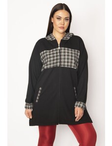 Şans Women's Plus Size Green Checkered Detailed Hooded Coat
