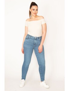Şans Women's Plus Size Blue 5 Pocket Lycra Cuff Dirty Stitching Skinny Jeans