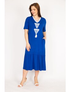 Şans Women's Saxe Plus Size Embroidery Detailed V Neck Side Pocketed Dress