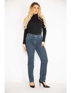 Şans Women's Plus Size Navy Blue 5-Pocket Jeans with Elastic Back Belt