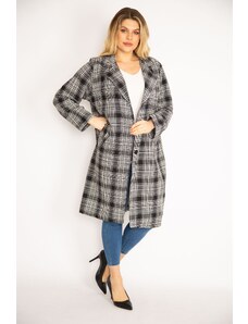 Şans Women's Plus Size Black Checkered Jacket with Front Buttons, Unlined